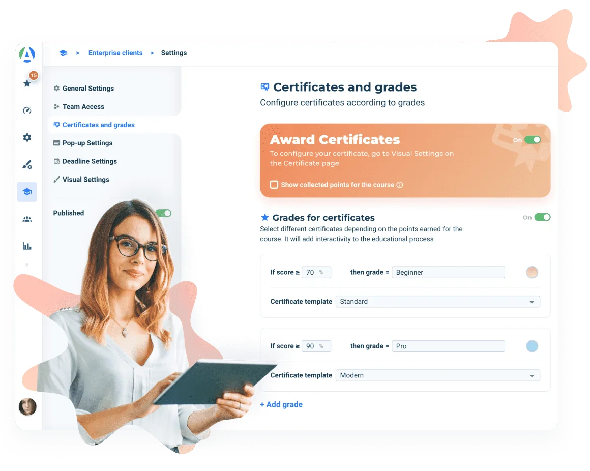 Gamification in LMS includes a system of points and grades, allowing learners to track their progress and motivating them to improve their results