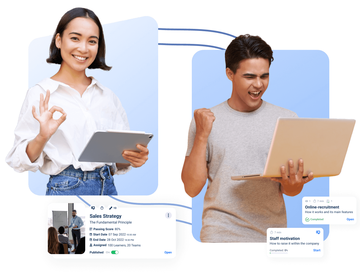 A man and a woman learning on the LMS administration platform