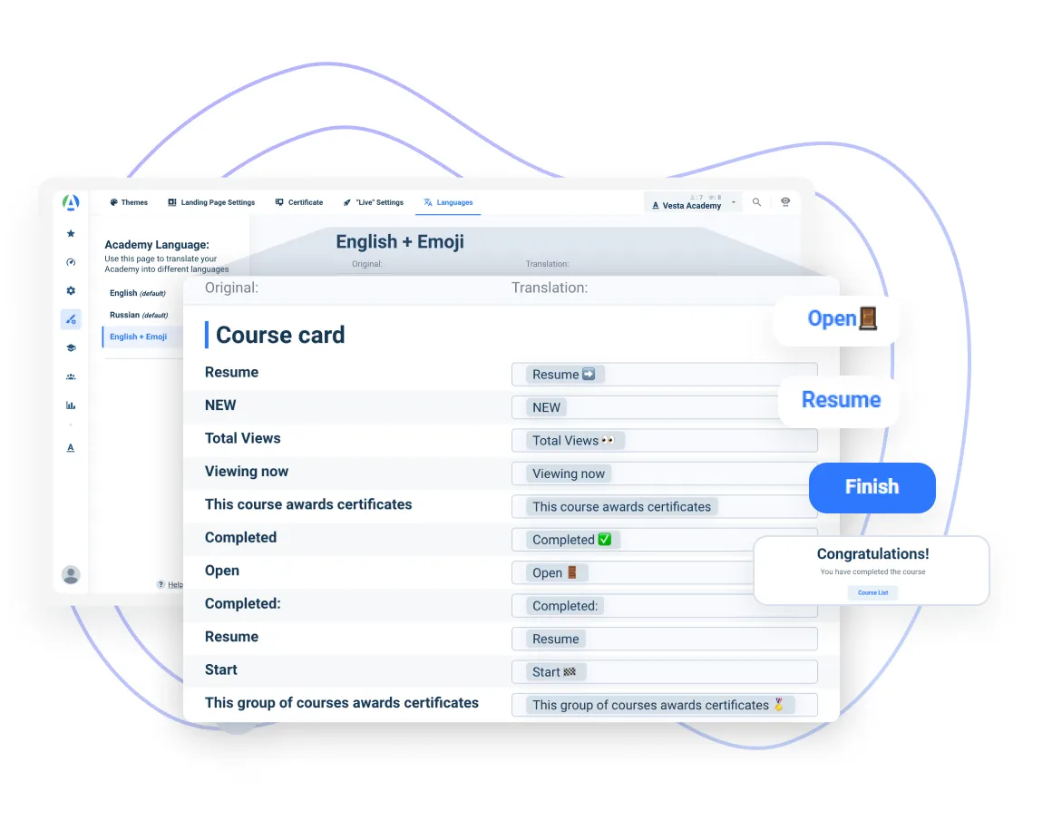 Multi-language e-learning platform with customizable interface options in AcademyOcean LMS, supporting diverse linguistic needs