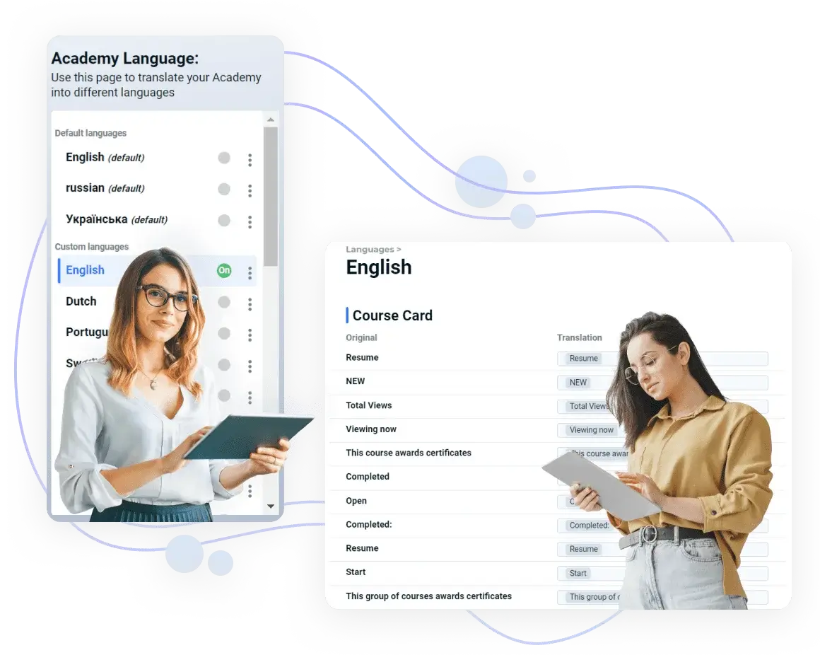 Multilingual LMS interface displaying admin and learner language options, enabling multi-linguistic e-learning experiences on AcademyOcean platform