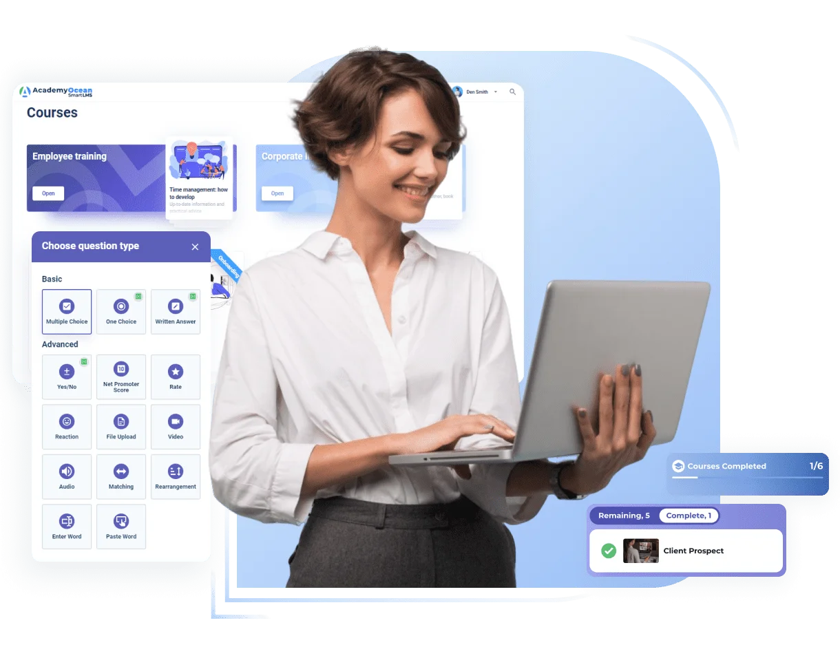 Woman learning using LMS on her laptop