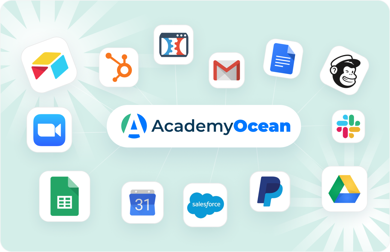 SMB-friendly LMS with 30+ popular business tool integrations AcademyOcean LMS integrations for small business tools including Google, Slack, Salesforce, and Zoom