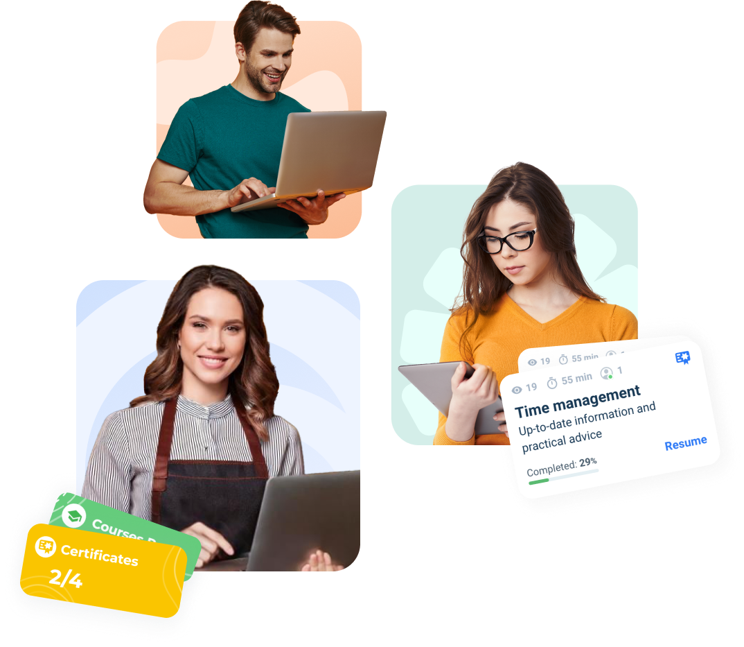 People using LMS to learn time management and get certificates of completion