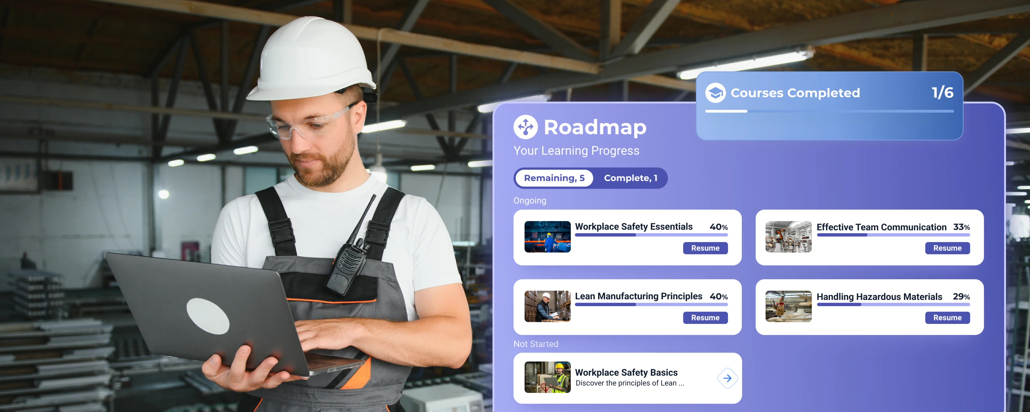 Industrial & manufacturing LMS Learning Roadmap A worker using a laptop to view their personalized learning roadmap, showing progress and upcoming training modules