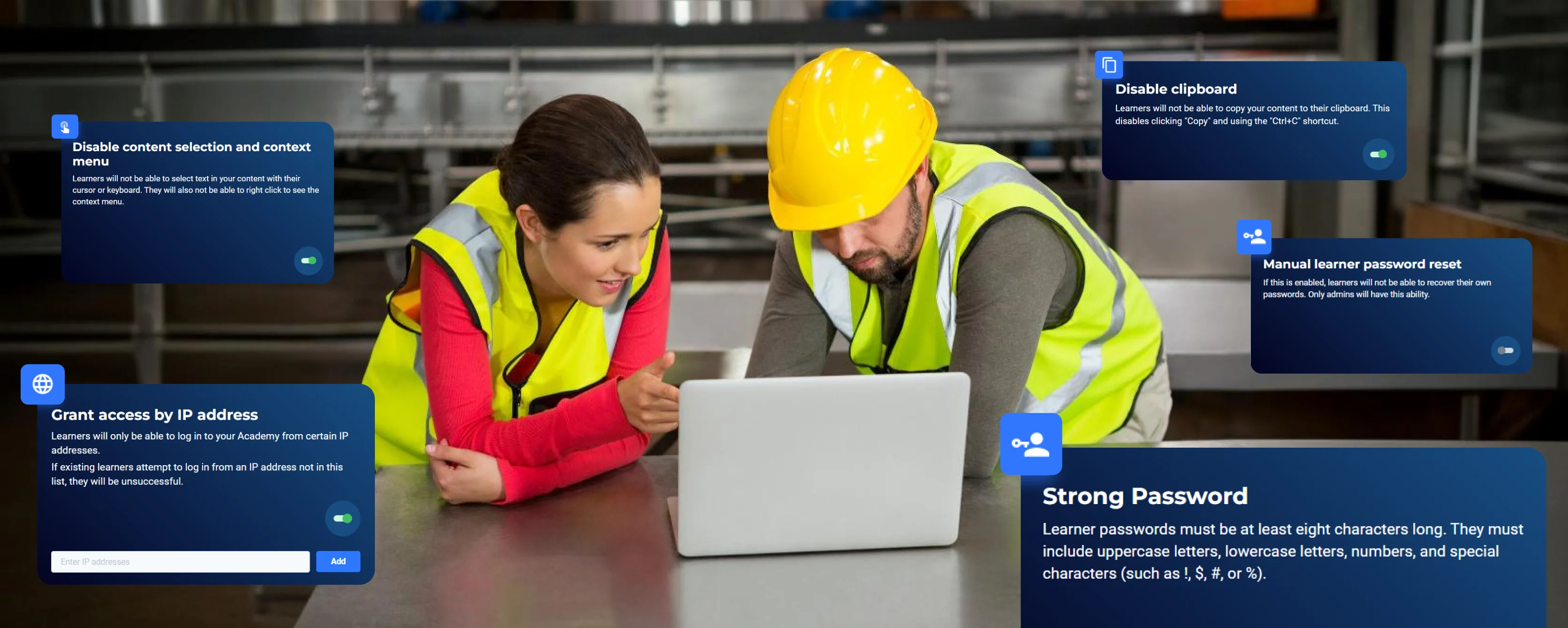 Manufacturing training software compliance and Safety Features Two workers collaborating on a laptop, reviewing various compliance and safety features within the LMS for manufacturing
