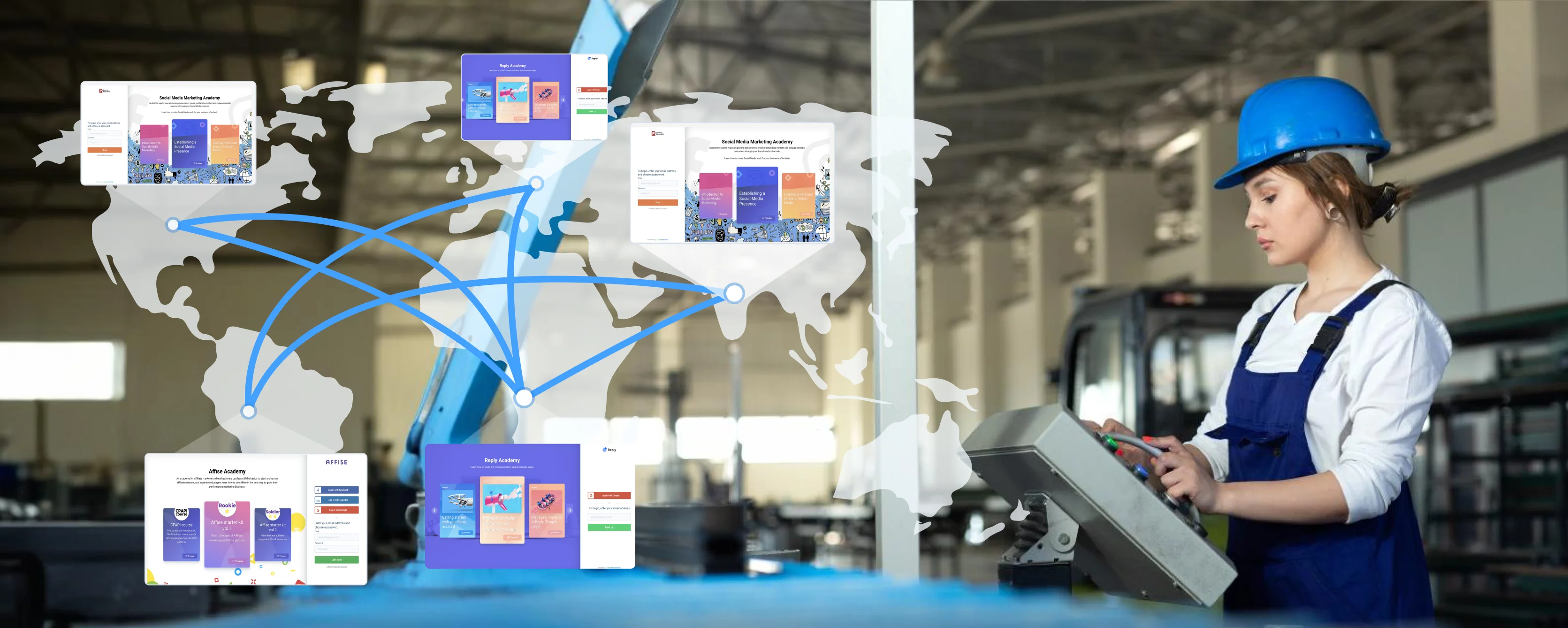 Multi-Location Consistency Management A worker standing next to industrial equipment, demonstrating how the manufacturing LMS ensures consistent training across multiple locations