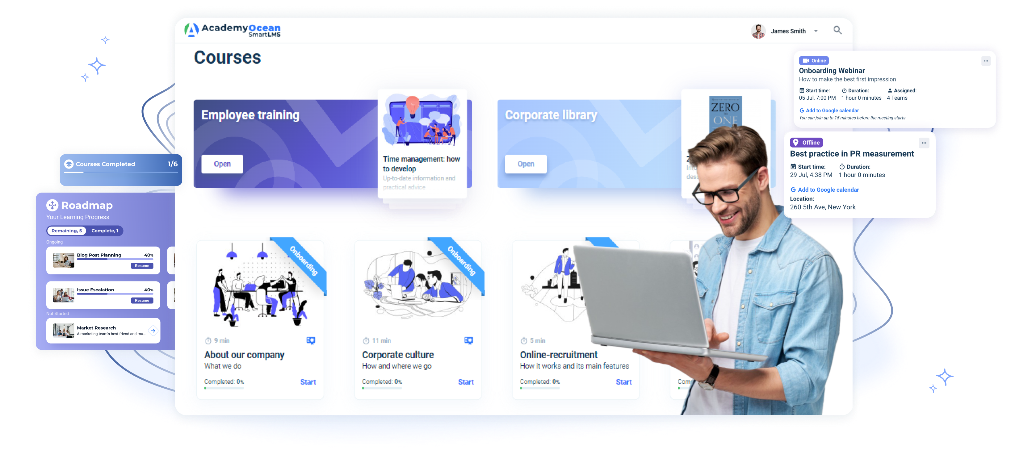 Available Courses on LMS for manufacturing A person using a laptop to browse a selection of available training courses within the manufacturing learning management system