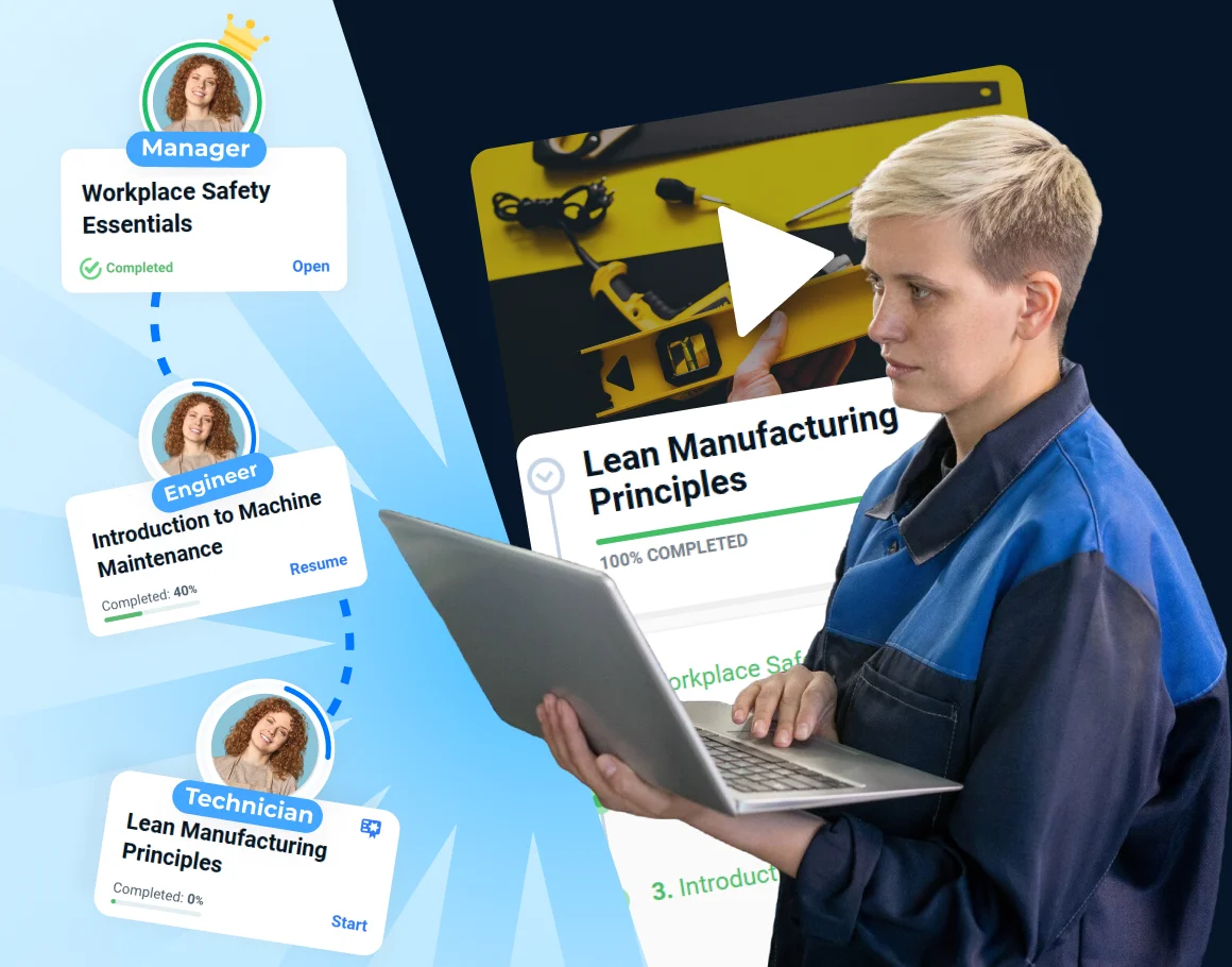 Intelligent Learning Paths A person on a laptop using industrial & manufacturing LMS reviewing personalized, intelligent learning paths designed to optimize their training experience
