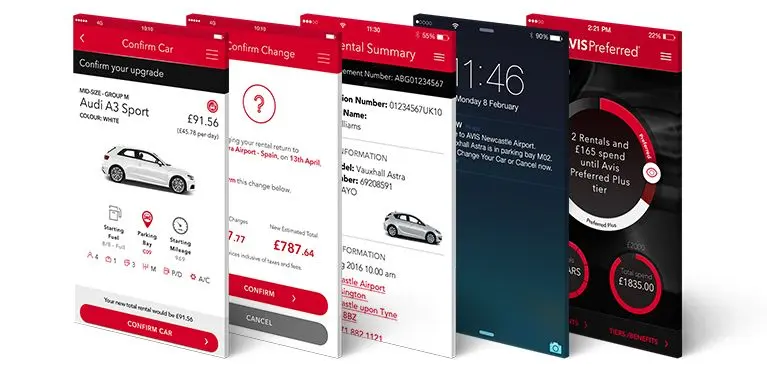 Interface of the AVIS mobile app, used for booking and managing car rentals