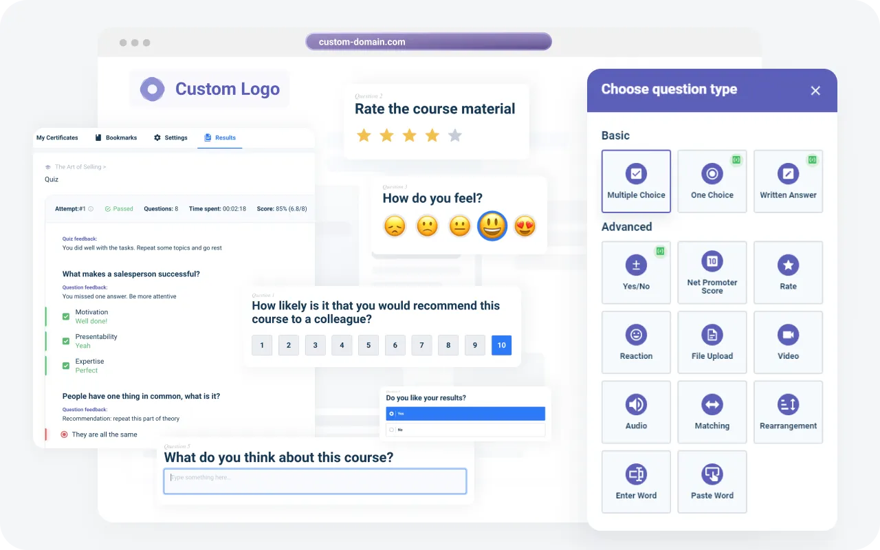 Quizzes and surveys at AcademyOcean LMS