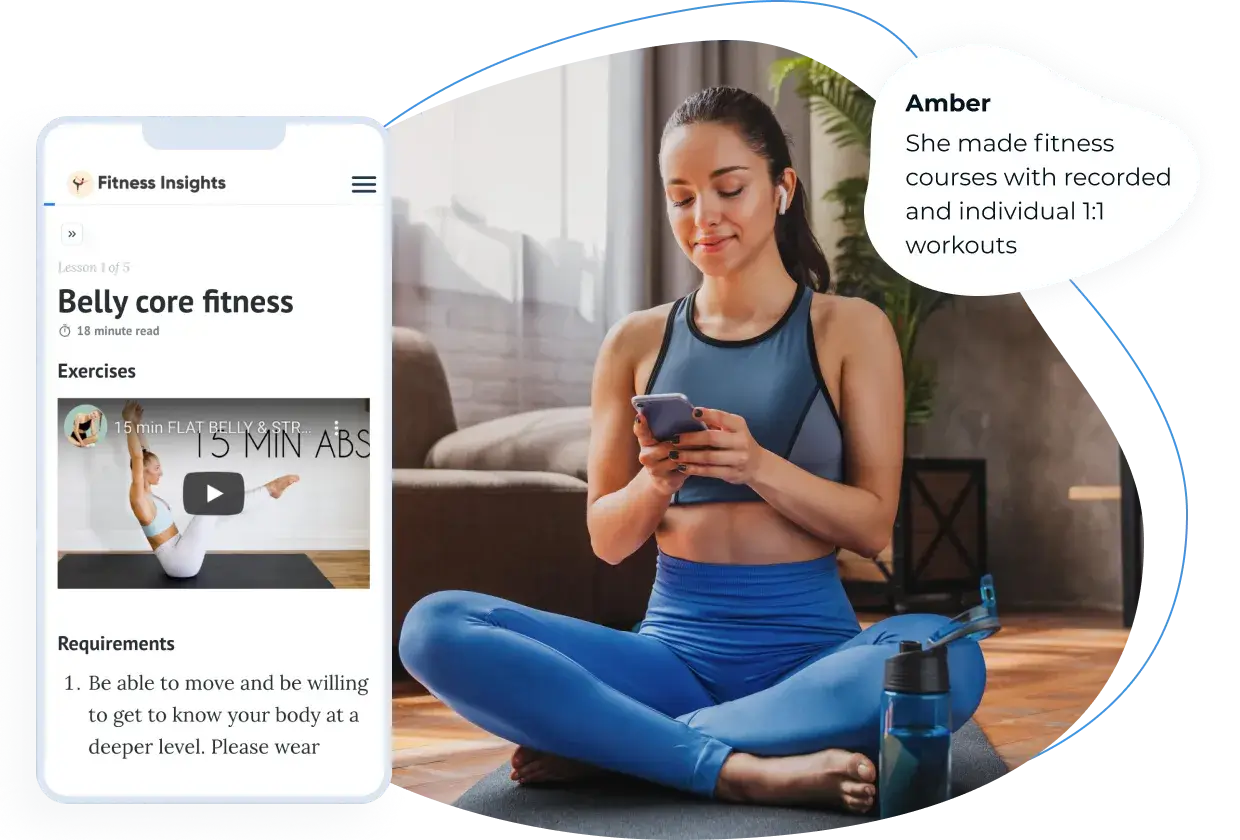 Fitness instructor using online course creation tools to design an interactive workout program for remote learners, demonstrating the versatility of course creator software in the health and wellness industry