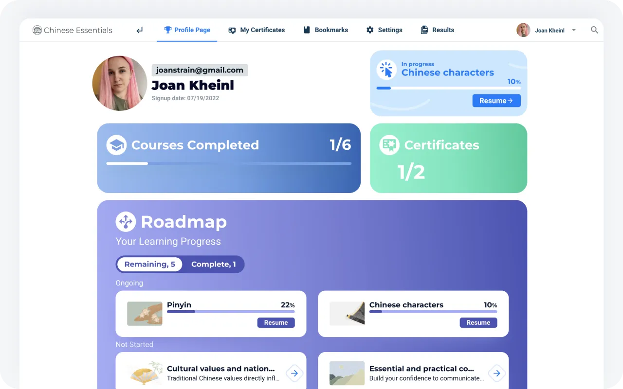 Learner portal interface of course building software, showcasing the student-centered design of online course creation tools for an optimal learning experience