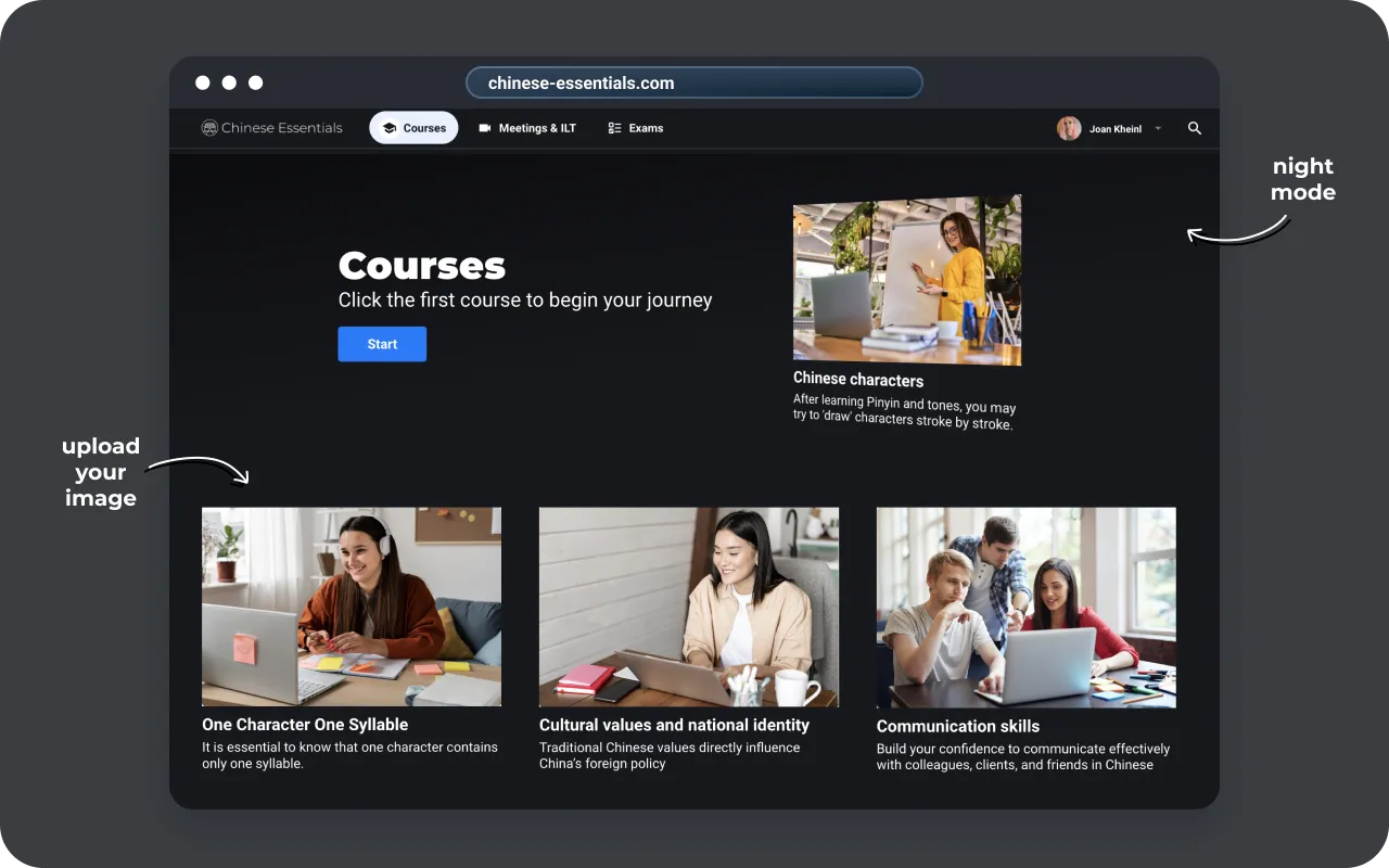 Course building software interface in night mode, demonstrating the customizable viewing options of online course creation tools for comfortable content development