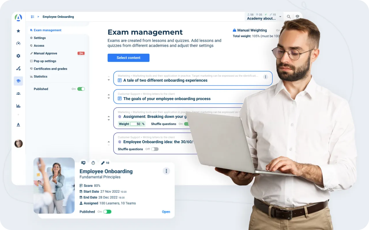 Reinforce critical knowledge with interactive quizzes and exams that challenge new hires, solidifying their understanding of essential onboarding concepts