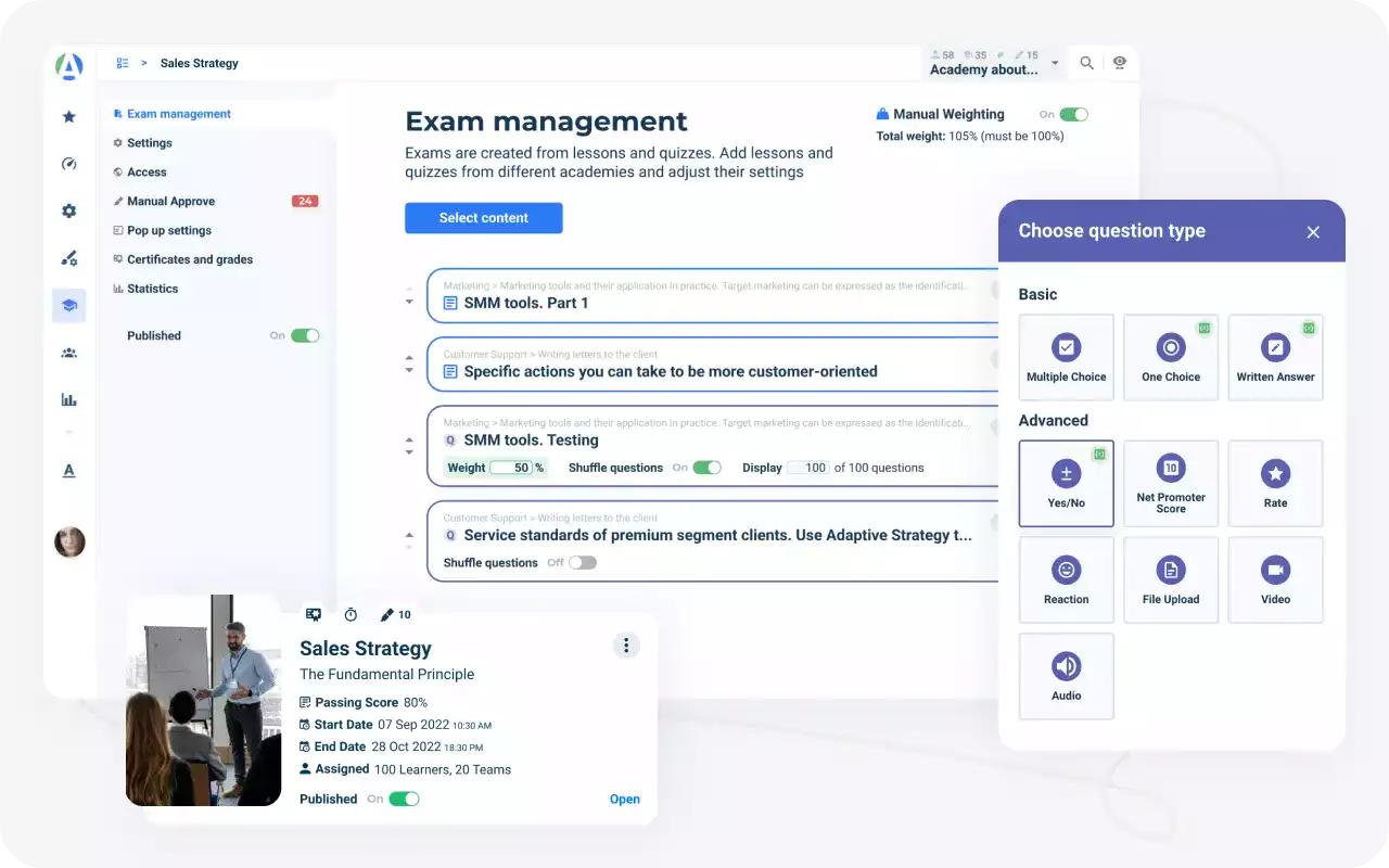 Evaluează rezultatele învățării și consolidează cunoștințele cu teste și examene interactive integrate în cursurile tale de formare online