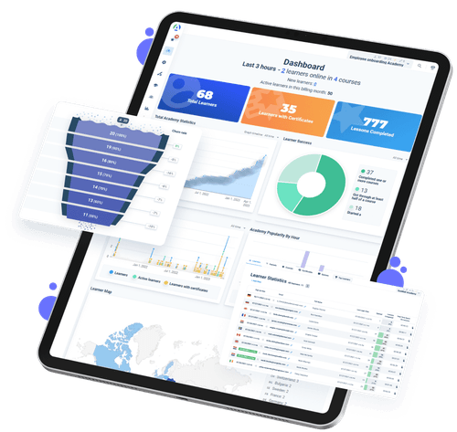 Tablet with screenshot of LMS reporting tools, funnels, and statistics