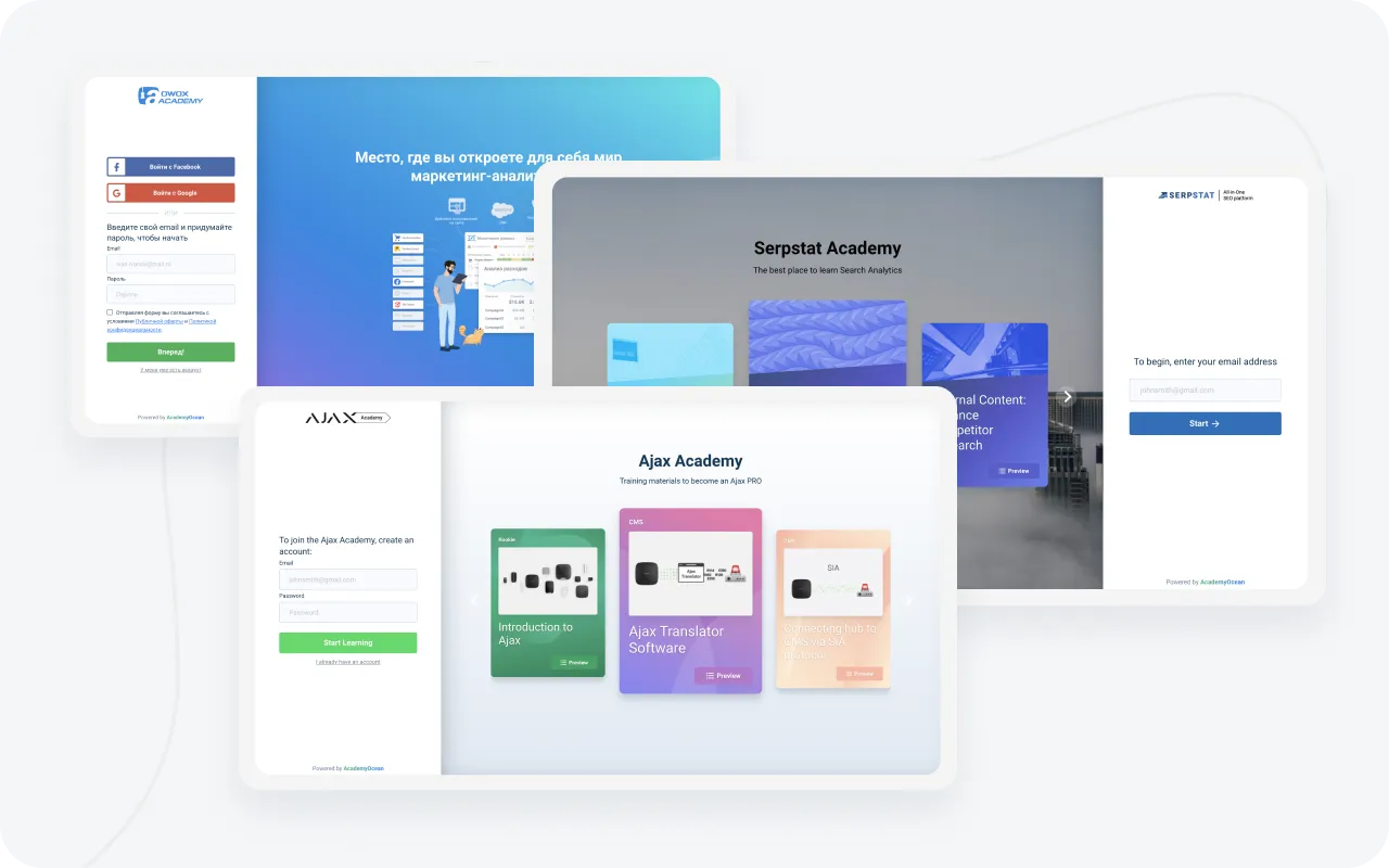 AcademyOcean's LMS customization enables a branded, engaging welcome page to onboard learners to the customized platform