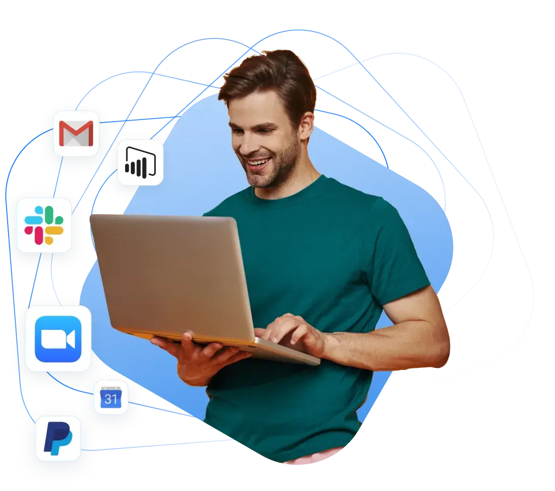 Man using laptop with integrated learning tools including email, webinar platforms, and analytics services