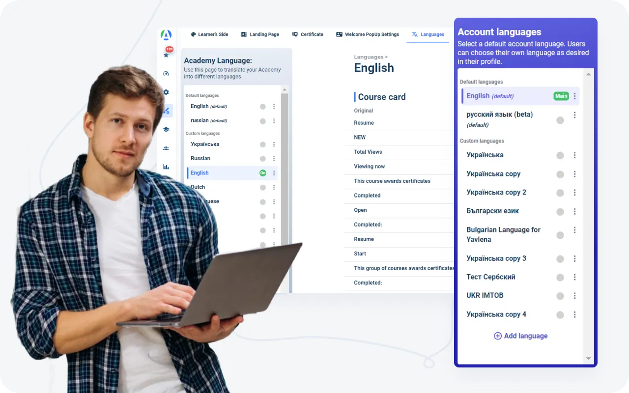 Multilingual support in AcademyOcean's LMS, enabling translation of training portals for global employee education