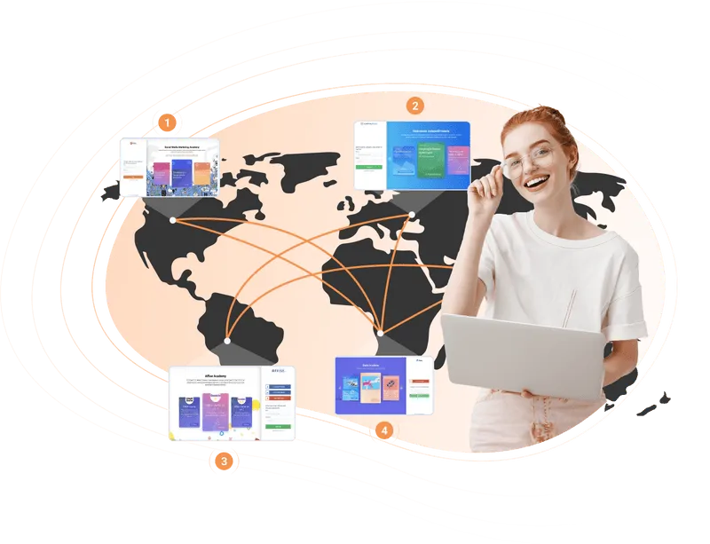 A woman with a laptop with a world map and courses adapted for different countries in the background