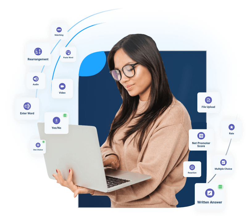 A woman with a laptop, looking at a rich set of options offered in the LMS quiz maker