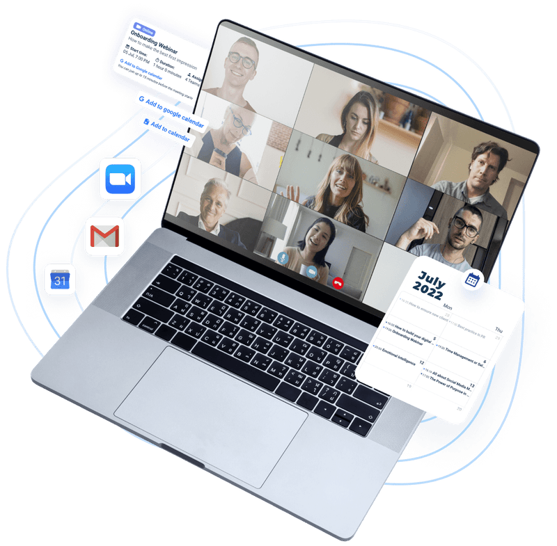 Showing a laptop with people on it who listen to a webinar