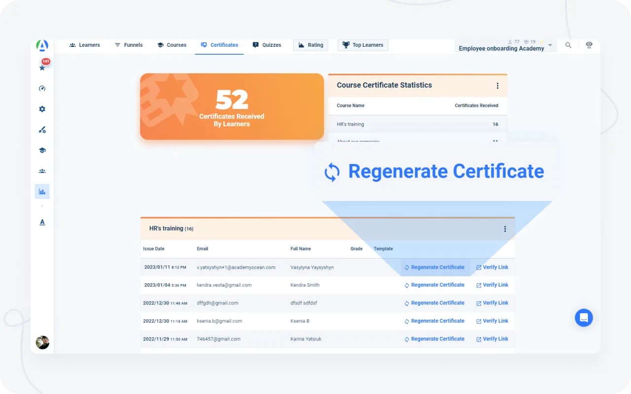 Certificates statistics at AcademyOcean LMS