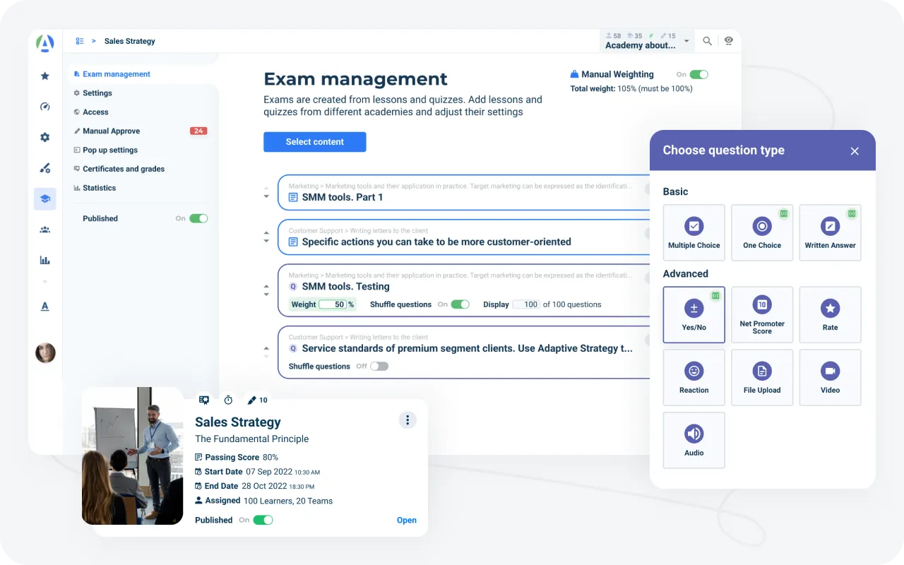 Quizzes and exams in LMS for automotive training assessments