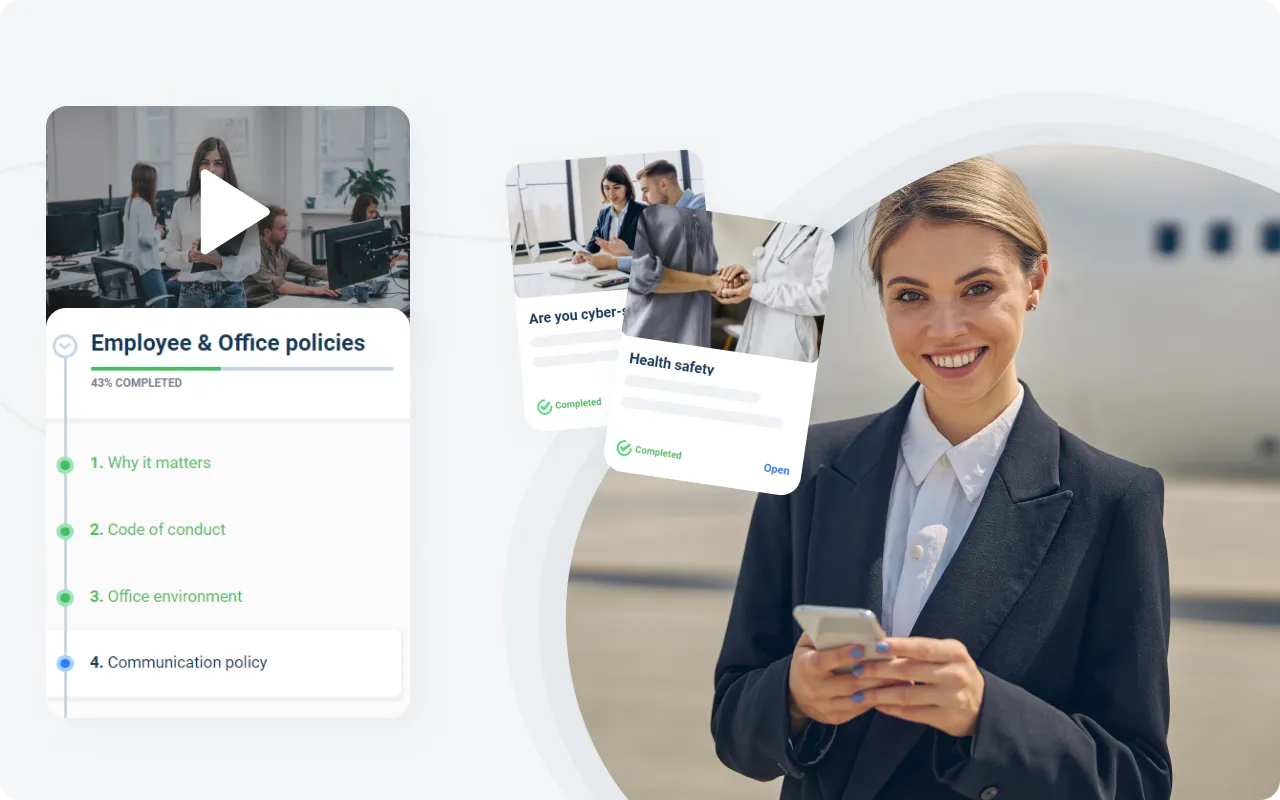 Structured course and lesson layout in an aviation LMS, presenting a wide range of training modules for different roles within the aviation industry, from pilots to ground crew, supporting comprehensive aviation training programs