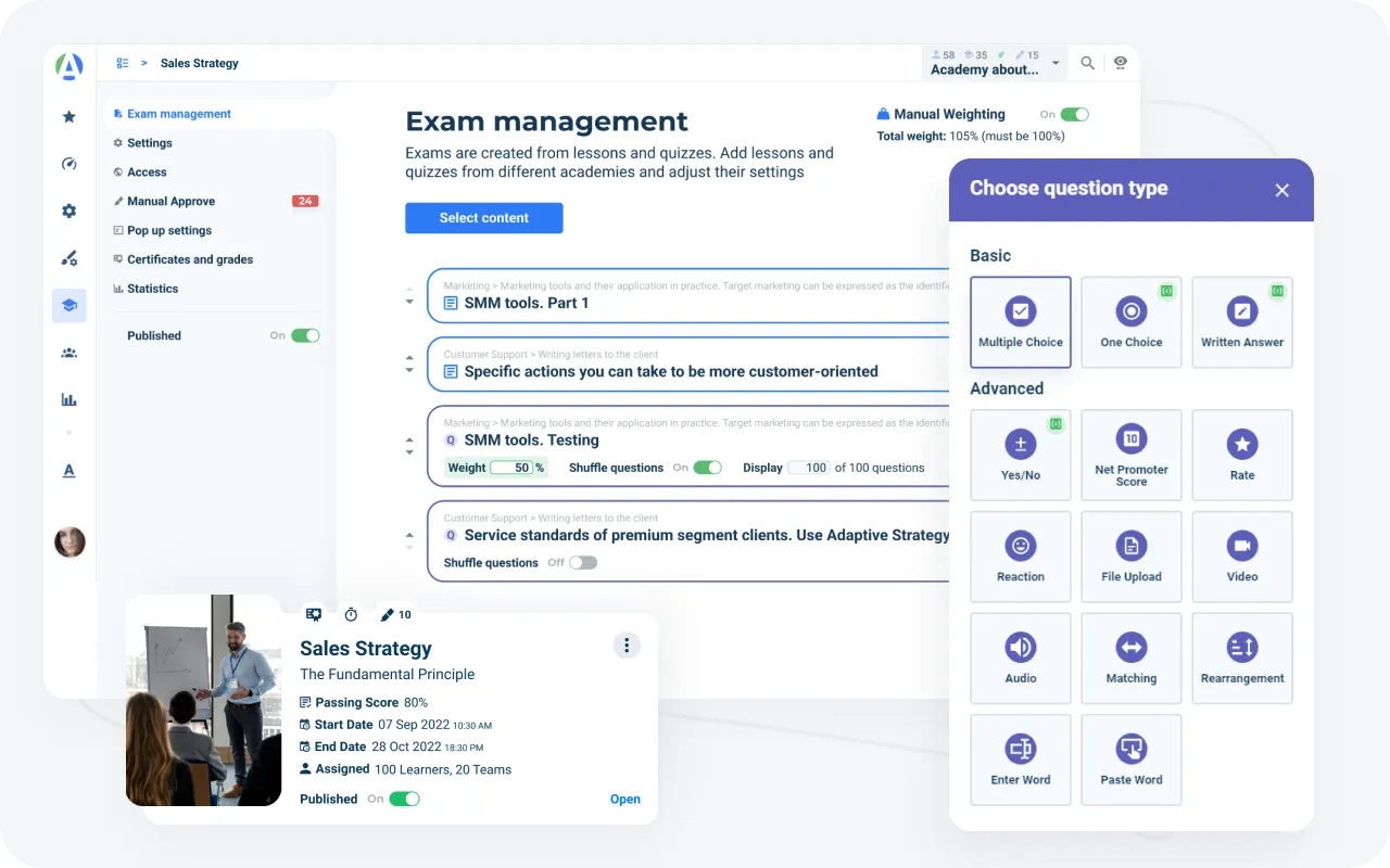 Quizzes and exams in AcademyOcean LMS: Interactive assessments designed to evaluate call center staff’s knowledge and skills within the learning management system