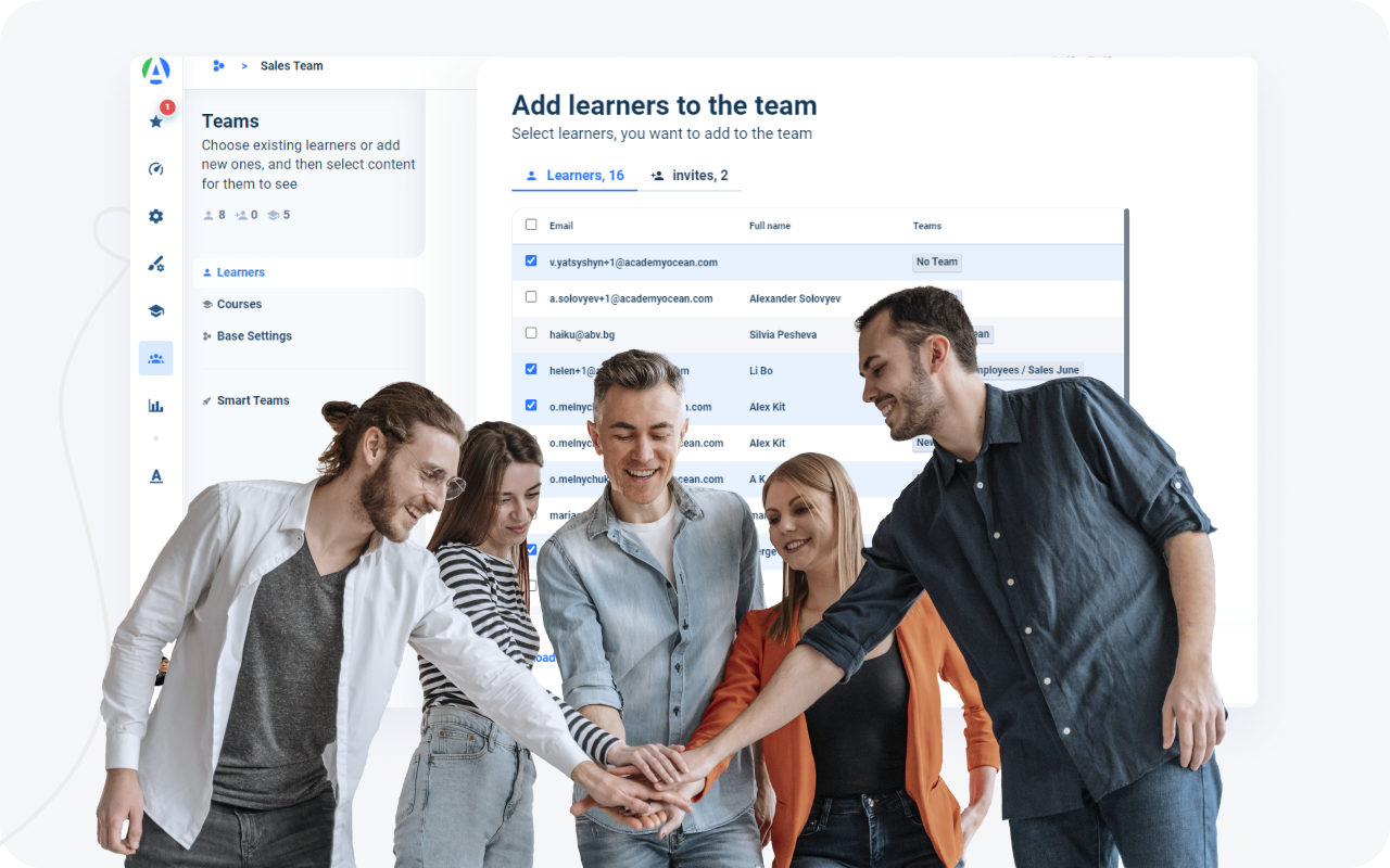Adding learners to teams in the AcademyOcean LMS: A feature that allows the organization of call center trainees into teams for collaborative learning and development