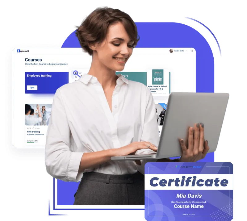 A woman with a laptop looking at courses and certificates