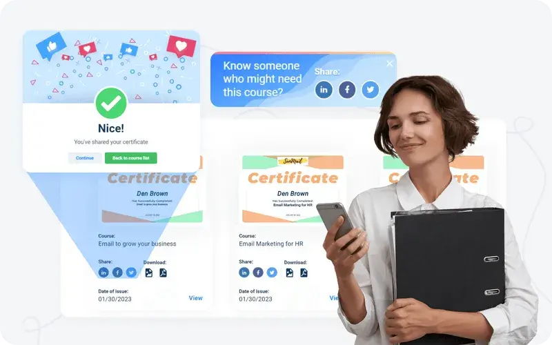 Vast Sharing Options Empower learners to share their educational certificates and suggest courses with ease, fostering a culture of knowledge sharing and collaboration that elevates the entire organization's engagement and success.