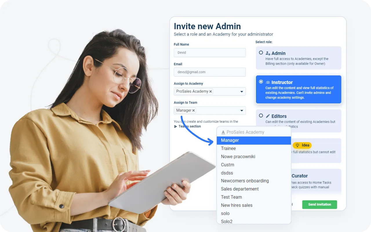 Frontline LMS role management interface showing team structure and permissions