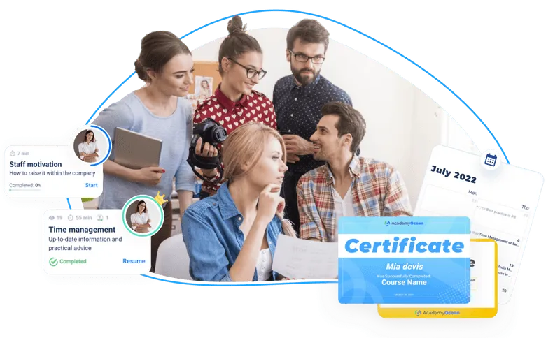 Marketing team looking at and discussing learning courses and certificates on the platform
