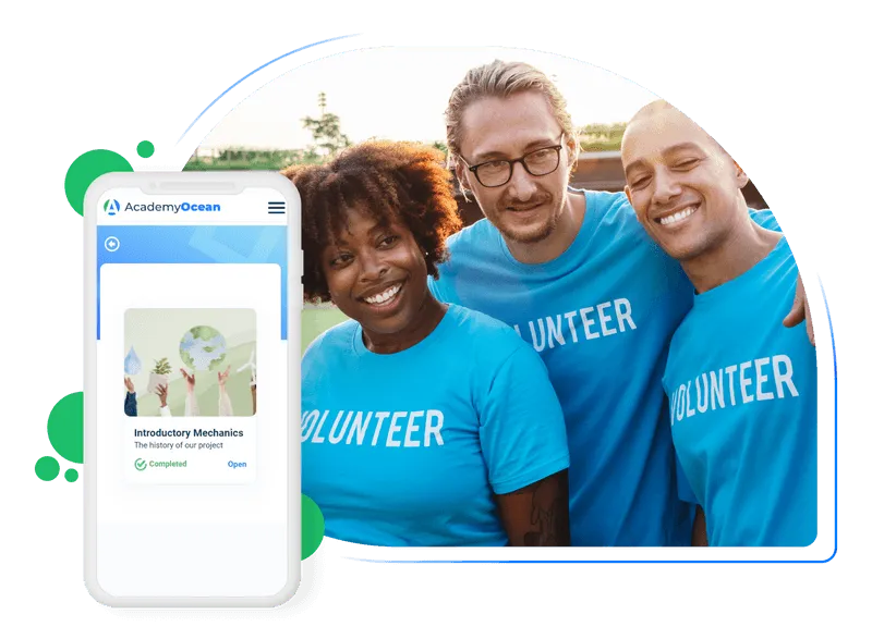 Showing volunteers and a screen of a phone with a learning course on it