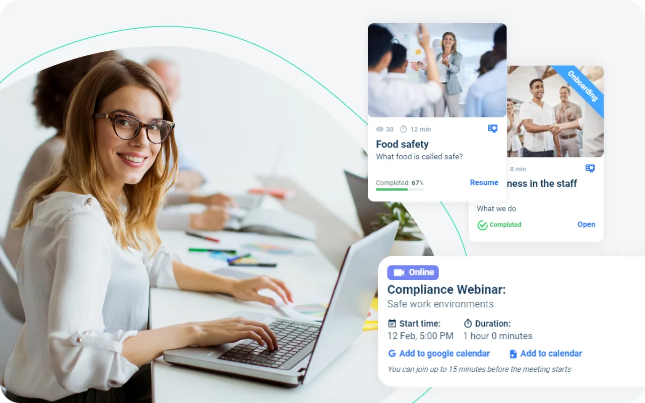 Woman sitting with her laptop browsing through compliance courses on the LMS