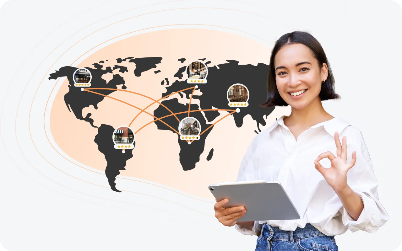Woman with a tablet with a large world map showing company's branches in the background