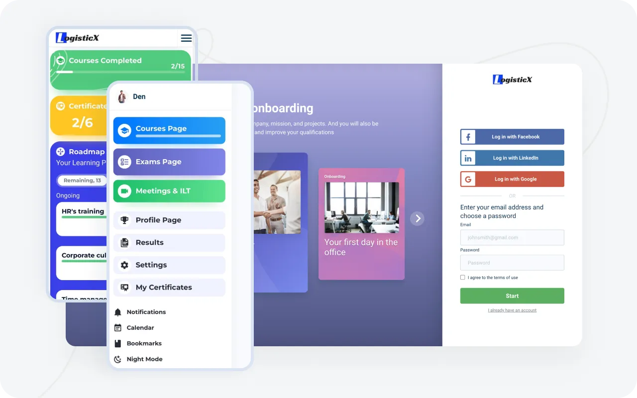 Mobile interface of the platform, showing how easy it is to get access to the platform and start using the LMS