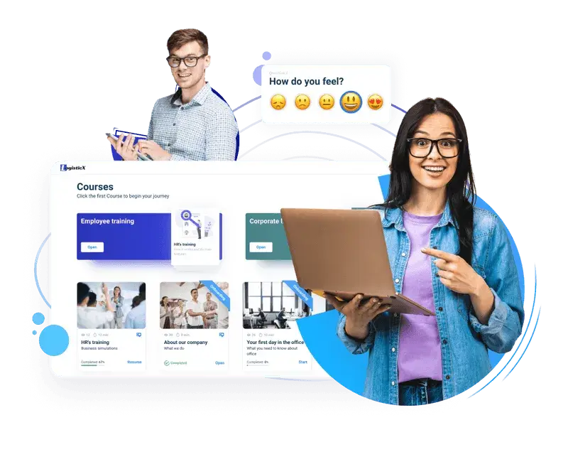 A man and a woman interacting on the learning platform, helping each other